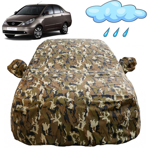 Autofact Indigo Car Cover - FlexGuard - Waterproof Car Body Cover for Tata Indigo - With Mirror Pockets, Triple Stitched, Bottom Fully Elastic, Adjustable Belt and Buckle (Camouflage)