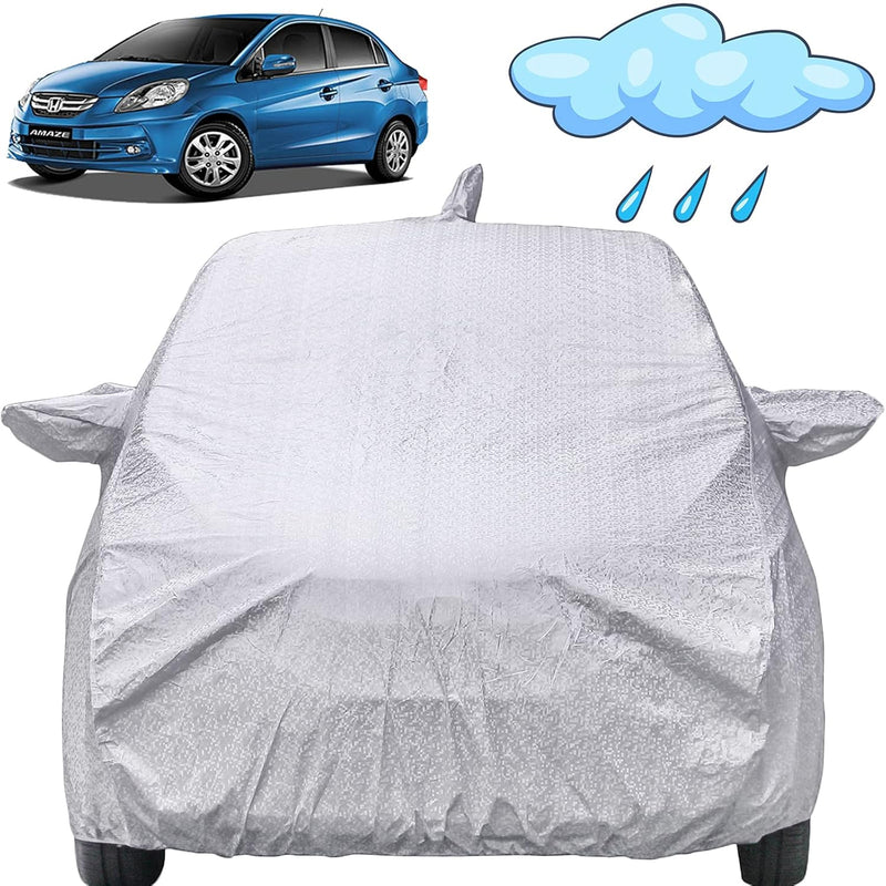 Autofact Amaze Old Model Car Cover - FlexGuard - Waterproof Car Body Cover for Honda Amaze Old Model - With Mirror & Antenna Pockets, Triple Stitched, Bottom Fully Elastic, Adjustable Belt and Buckle (Silver)
