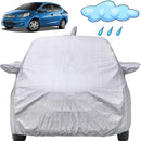 Silver car body cover on Honda Amaze with inset blue Amaze image and rain icon Amaze Old Model Car Cover Waterproof