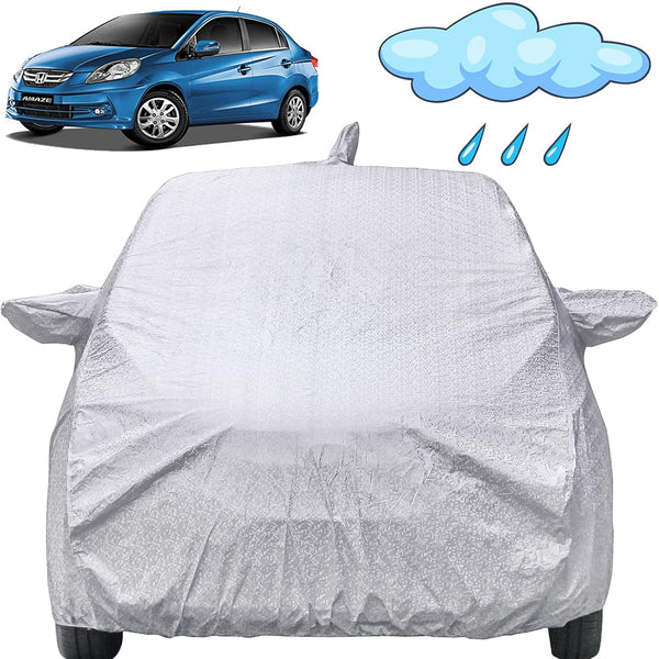 Silver car body cover on Honda Amaze with inset blue Amaze image and rain icon Amaze Old Model Car Cover Waterproof