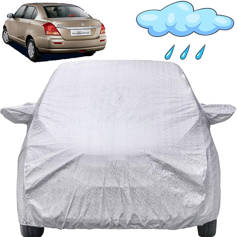 Silver car body cover on Maruti Swift Dzire Old Model shown with inset image of car and rain icon Swift Car Cover Waterproof