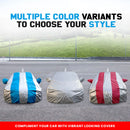 Three Maruti Baleno Car Covers in blue white, silver, and red white color variants displayed outdoors