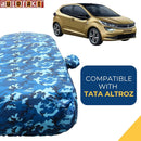 Altroz Car Cover Waterproof blue camouflage full car body cover on Tata Altroz showing fit and mirror pockets
