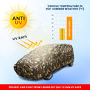 Camouflage Maruti Fronx car covered by Fronx Car Cover  Waterproof showing anti UV sun protection and temperature chart
