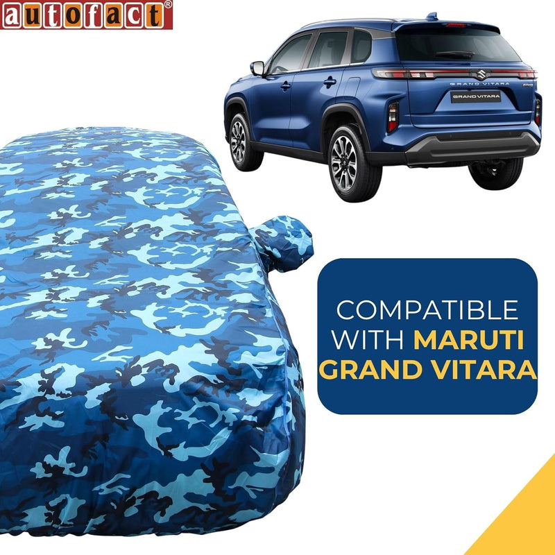 Grand Vitara Car Cover Waterproof in Blue Camo Design, perfect fit for Maruti Grand Vitara vehicle protection