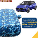Hyundai I20 New Car Cover Waterproof blue camouflage full body cover shown on Hyundai i20 new for outdoor protection