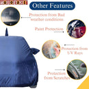 Maruti Baleno Car Cover in blue protecting car from bad weather UV rays paint damage and scratches