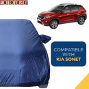 Blue Sonet Car Cover Waterproof draped over car showing compatibility with red Kia Sonet and Autofact logo