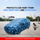 Tiago Car Cover Waterproof blue camo cover on Tata Tiago protecting paint from bird droppings with seagulls