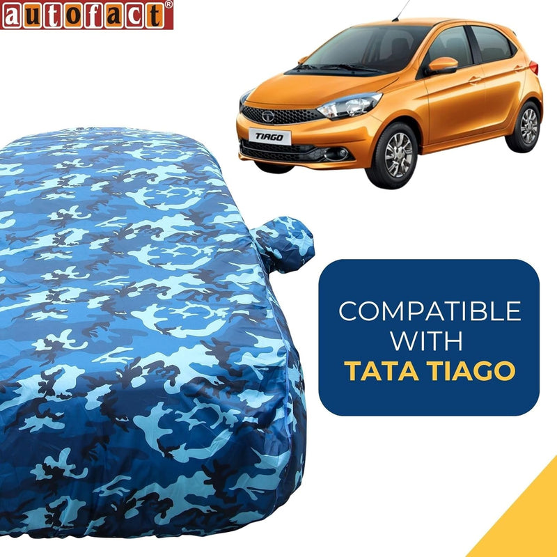 Tiago Car Cover Waterproof blue camouflage car body cover fitted on Tata Tiago with mirror pockets