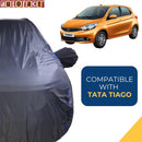 Autofact grey full car body cover fitted on Tata Tiago showing mirror pockets and logo, Tiago Car Cover Waterproof