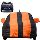 Baleno Waterproof Car Body Cover in orange and black stripes fitted on a Maruti Baleno car
