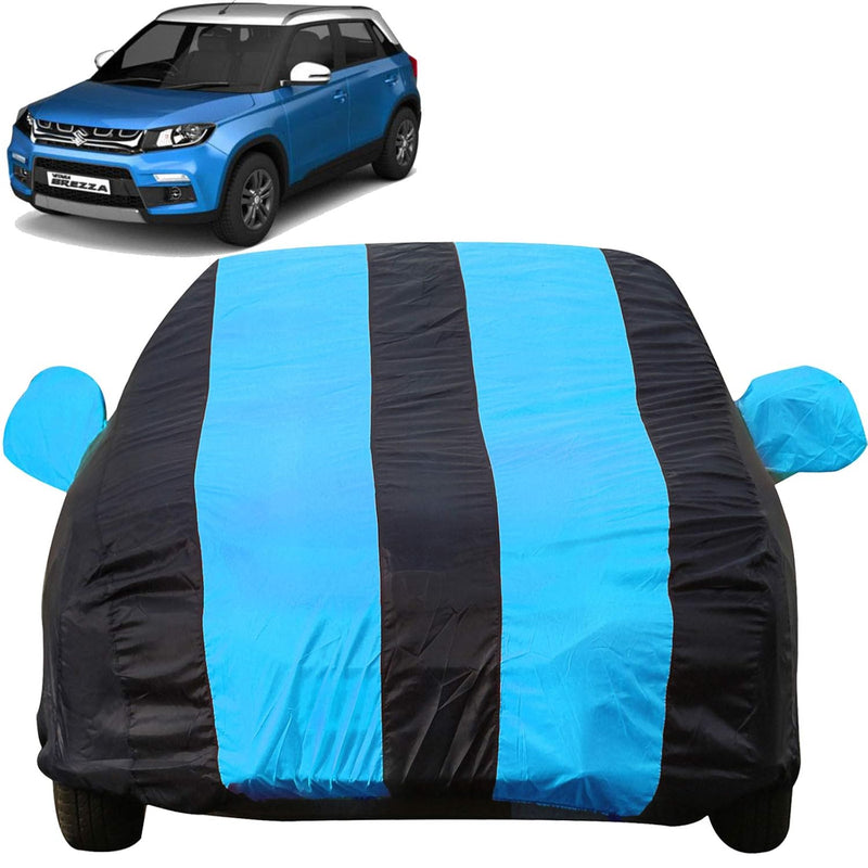 Brezza Car Cover Waterproof in blue and black protecting a Maruti Brezza car from dust and weather
