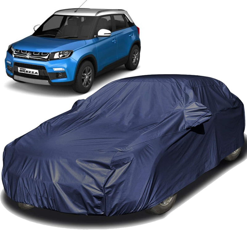Maruti Brezza covered with navy blue Brezza Car Cover Waterproof protecting the car body