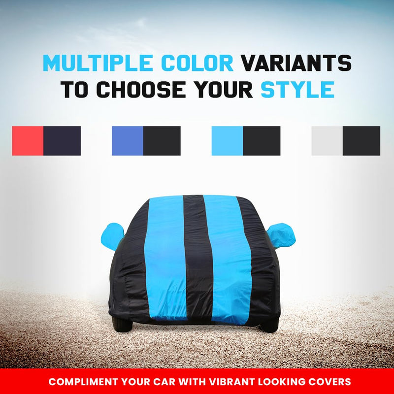 Maruti Brezza Car covered with Brezza Car Cover Waterproof in black and blue stripes showing multiple color options