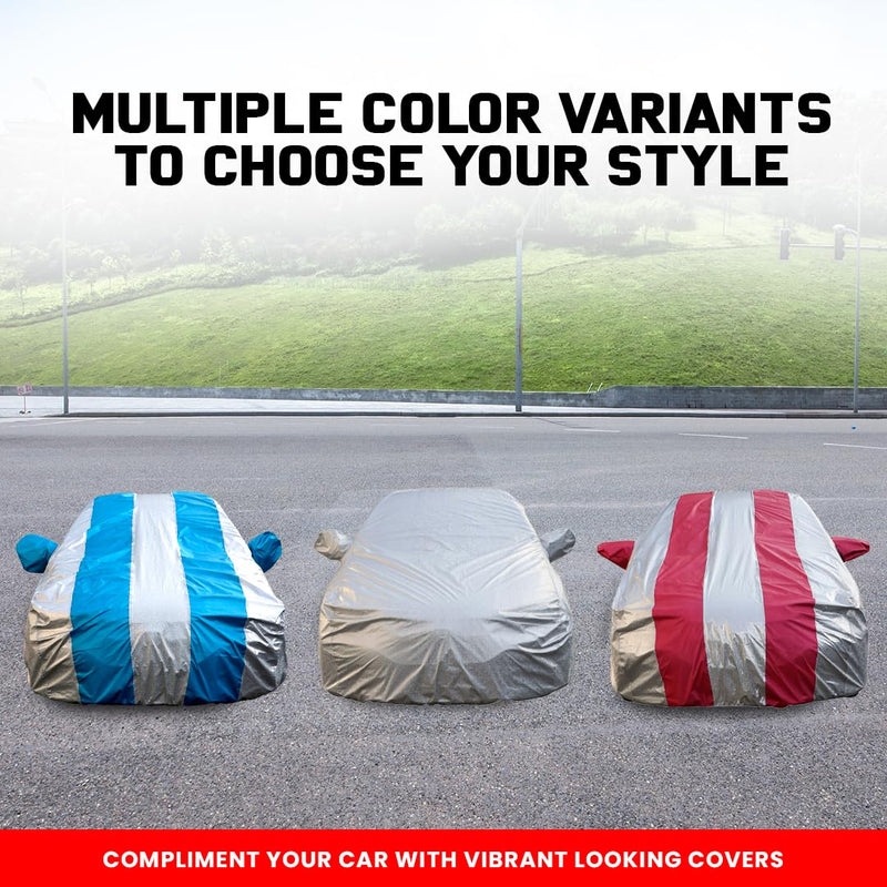 Multiple color variants of Brezza Car Cover Waterproof displayed on cars in blue, silver, and red stripes