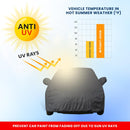 Maruti Fronx car body cover on parked car with anti UV sun graphic and temperature chart Fronx Car Cover Waterproof