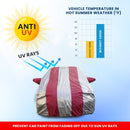 Maruti Fronx car body cover on a sedan with red and silver stripes showing UV protection Fronx Car Cover Waterproof