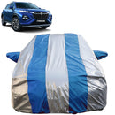 Maruti Fronx car covered in blue and silver striped Fronx Car Cover Waterproof with mirror pockets and full body protection