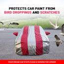 Maruti Fronx shown with silver and red protective body cover on street protecting from birds Fronx Car Cover Waterproof