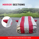 Maruti Fronx with red and silver striped Fronx Car Cover Waterproof showing mirror sections and tailored fit for model
