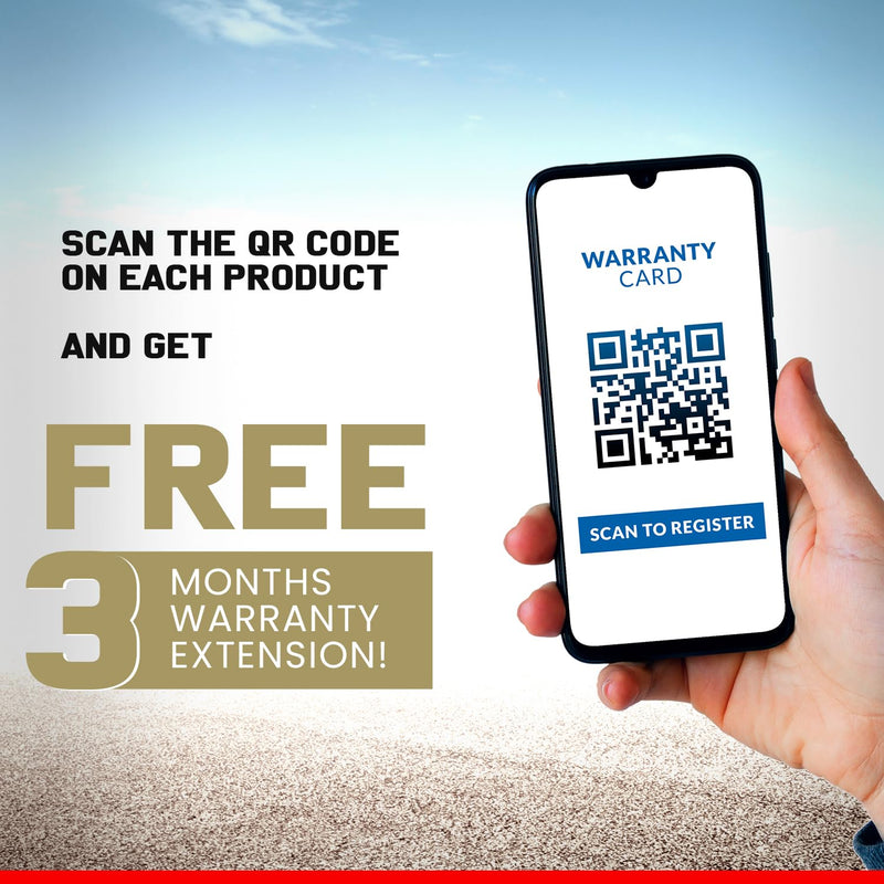 Hand holding a smartphone displaying a warranty card QR code for free 3 months warranty extension