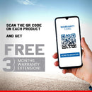 Hand holding smartphone showing QR code for warranty card registration with free 3 months extension offer