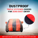 Dustproof triple stitched Kia Sonet Car Cover Waterproof . Red and black striped full car body cover showing seam close up