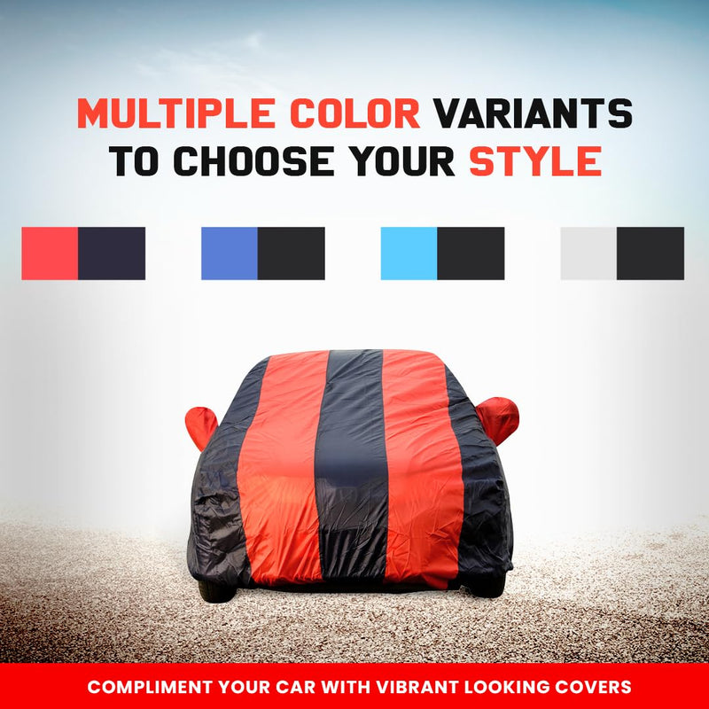 Maruti Alto Car Cover Waterproof in black and red stripes shown on a car with multiple color options
