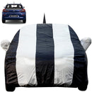 Black and white striped Maruti Baleno Car Cover fitted on a car with side mirror covers