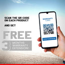 Hand holding phone displaying QR code to register for free 3 months warranty extension on Maruti Baleno Car Cover