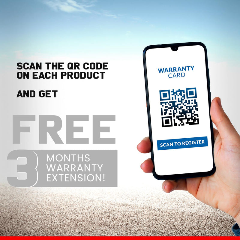 Hand holding phone displaying QR code to register for free 3 months warranty extension on Maruti Baleno Car Cover