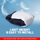 Lightweight Maruti Baleno Car Cover folded with feathers highlighting easy to install feature