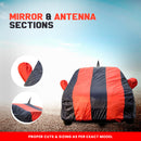 Maruti Baleno Car Cover in black and red with mirror and antenna sections for perfect fit