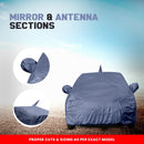 Maruti Baleno car body cover with precise mirror and antenna sections in gray fabric