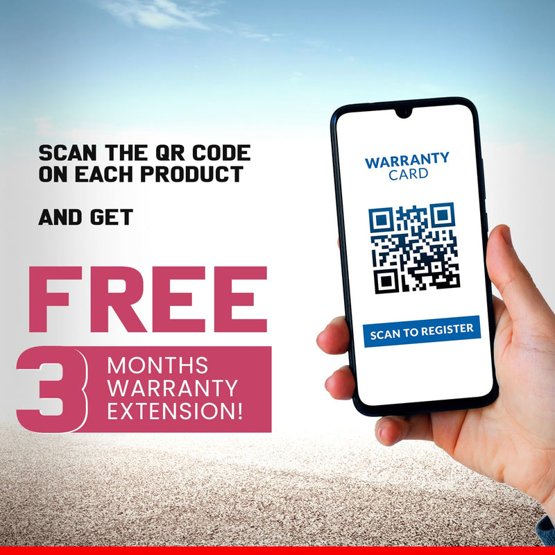 Hand holding smartphone displaying QR code for warranty registration with offer for Maruti Baleno Car Cover