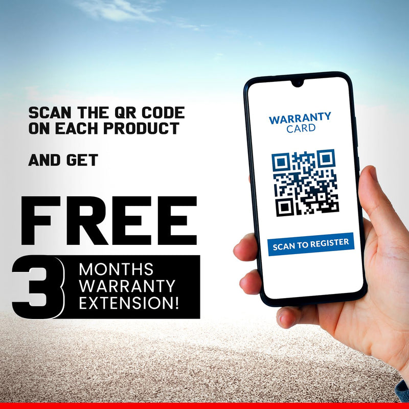 Hand holding smartphone displaying QR code for warranty registration with free 3 months warranty extension offer