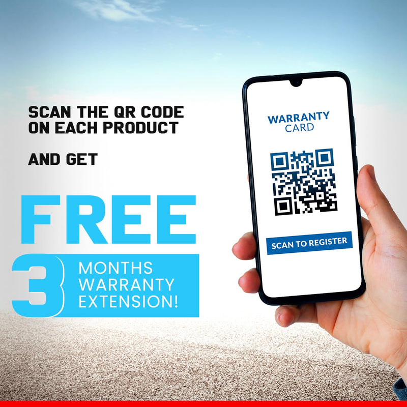 Hand holding smartphone showing QR code for registering Maruti Baleno Car Cover waterproof with free warranty extension