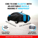 Maruti Baleno Car Cover waterproof with black and blue fabric featuring end to end elastic and adjustable heavy buckle