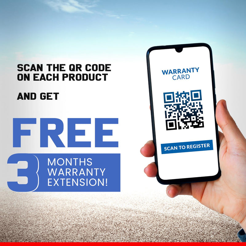 Hand holding phone showing QR code for free 3 months warranty extension on Maruti Baleno Car Cover Waterproof