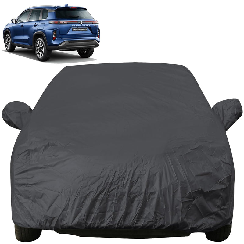 Black protective Maruti Grand Vitara Car Cover fitted over a car with side mirror pockets