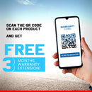 Hand holding smartphone showing QR code for free 3 months warranty extension on Maruti Swift Dzire Car Cover Waterproof