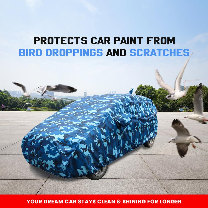 Blue camouflage Swift Dzire Car Cover Waterproof on Maruti Swift Dzire Model protecting paint from bird droppings and scratches
