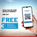 Hand holding phone showing QR warranty card and text offering free 3 month extension for Swift Dzire Car Cover Waterproof