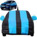 Tata Nexon Car Cover in blue and black stripes protecting car from dust and weather