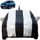 Black and white striped Tata Nexon Car Cover fitting perfectly on a Tata Nexon SUV