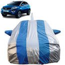 Blue and silver Tata Nexon Car Cover with reflective stripes protecting a parked vehicle