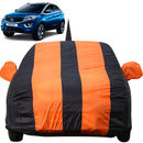 Orange and black striped Tata Nexon Car Cover protecting a blue Tata Nexon SUV
