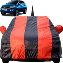 Red and black striped Tata Nexon Car Cover protecting a blue Tata Nexon SUV