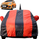 Hyundai Grand i10 Car Cover in black and red stripes protecting the vehicle from dust and weather